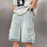 FOESCE Star Patchwork Yellow Clay Color Jeans Summer Men Denim Shorts Trendy Streetwear Five-point Pants Straight Jeans Shorts