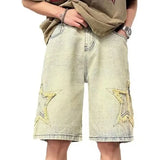 FOESCE Star Patchwork Yellow Clay Color Jeans Summer Men Denim Shorts Trendy Streetwear Five-point Pants Straight Jeans Shorts