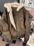 FOESCE Street Fashion Vintage Old Pu Hooded Cotton-padded Jacket Men Y2K Harajuku Hip-hop Popular Casual Loose Plus Velvet Padded Coat