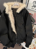 FOESCE Street Fashion Vintage Old Pu Hooded Cotton-padded Jacket Men Y2K Harajuku Hip-hop Popular Casual Loose Plus Velvet Padded Coat