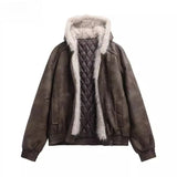 FOESCE Street Fashion Vintage Old Pu Hooded Cotton-padded Jacket Men Y2K Harajuku Hip-hop Popular Casual Loose Plus Velvet Padded Coat
