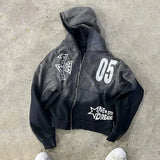 FOESCE Street New Gradient Retro Washed Zipper Hoodie Printed Hoodie American Hooded Long Sleeve Sports Men and Women Streetwear