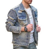 FOESCE Street Stylish Retro Style Holes Slim Street Denim Jacket Coat Good Quality Distressed Male Casual Denim Jacket