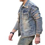 FOESCE Street Stylish Retro Style Holes Slim Street Denim Jacket Coat Good Quality Distressed Male Casual Denim Jacket
