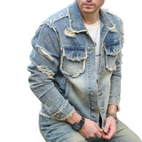 FOESCE Street Stylish Retro Style Holes Slim Street Denim Jacket Coat Good Quality Distressed Male Casual Denim Jacket