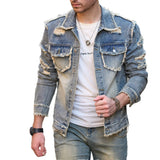 FOESCE Street Stylish Retro Style Holes Slim Street Denim Jacket Coat Good Quality Distressed Male Casual Denim Jacket