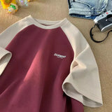 FOESCE Street hip-hop men and women summer street personality simple color contrast loose casual T-shirt couple retro short sleeved top