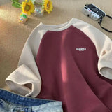 FOESCE Street hip-hop men and women summer street personality simple color contrast loose casual T-shirt couple retro short sleeved top