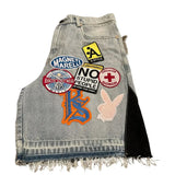 FOESCE Streetwear Denim Shorts Y2K Jeans Men Women Hip Hop Cartoon Patchwork Embroidery Pattern Retro Blue Baggy Fitness Casual Shorts