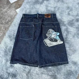 FOESCE Streetwear Denim Shorts Y2K Jeans Men Women Hip Hop Cartoon Patchwork Embroidery Pattern Retro Blue Baggy Fitness Casual Shorts
