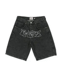 FOESCE Streetwear Denim Shorts Y2K Jeans Men Women Hip Hop Cartoon Patchwork Embroidery Pattern Retro Blue Baggy Fitness Casual Shorts