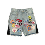 FOESCE Streetwear Denim Shorts Y2K Jeans Men Women Hip Hop Cartoon Patchwork Embroidery Pattern Retro Blue Baggy Fitness Casual Shorts