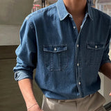 FOESCE Streetwear Mens Denim Shirts Fashion Patchwork Pockets Long Sleeve Jean Shirt for Men Vintage Solid Color Button Denim Cardigans