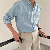 FOESCE Streetwear Mens Denim Shirts Fashion Patchwork Pockets Long Sleeve Jean Shirt for Men Vintage Solid Color Button Denim Cardigans