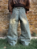Streetwear Retro Baggy Jeans Men's Goth Hip-hop Personality Harajuku Trendy Washed Blue Straight Pant Y2K Wide Leg Pants Men
