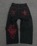 Foesce Streetwear Skull Pocket Embroidered Jeans Y2K Hip Hop Retro Baggy Jeans Black Pants Mens Punk Rock Low Rise Wide Leg Trousers