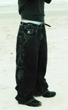 Foesce Streetwear Skull Pocket Embroidered Jeans Y2K Hip Hop Retro Baggy Jeans Black Pants Mens Punk Rock Low Rise Wide Leg Trousers