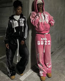 FOESCE Streetwear Sportswear Two Piece Set Y2K Mens Hip Hop Goth Retro Patch Zipper Hooded Sweatshirt Casual Fashion Couple Sweatpants