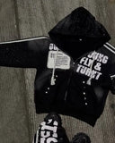 FOESCE Streetwear Sportswear Two Piece Set Y2K Mens Hip Hop Goth Retro Patch Zipper Hooded Sweatshirt Casual Fashion Couple Sweatpants