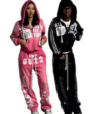FOESCE Streetwear Sportswear Two Piece Set Y2K Mens Hip Hop Goth Retro Patch Zipper Hooded Sweatshirt Casual Fashion Couple Sweatpants