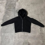 FOESCE Streetwear Zip Up Hoodie Dark Faux Fur Collar Sweatshirt Men Women Y2K Oversized Punk Hoodie Harajuku Hiphop Retro Goth Jacket