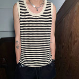 FOESCE Striped Knitted Summer Tanks Tops Men's O-Neck Korean Knitwear Shirts Sleeveless Streetwear Loose Top Vintage Cropped Sexy