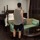 FOESCE Striped Knitted Summer Tanks Tops Men's O-Neck Korean Knitwear Shirts Sleeveless Streetwear Loose Top Vintage Cropped Sexy