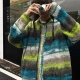 FOESCE Striped Knitted Sweater Coat Men Japanese Y2K Oversize Casual Autumn Winter Loose V-Neck Cardigan for Men Rainbow Color