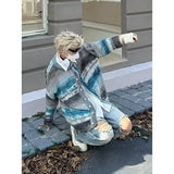 FOESCE Striped Knitted Sweater Coat Men Japanese Y2K Oversize Casual Autumn Winter Loose V-Neck Cardigan for Men Rainbow Color