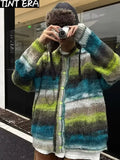 FOESCE Striped Knitted Sweater Coat Men Japanese Y2K Oversize Casual Autumn Winter Loose V-Neck Cardigan for Men Rainbow Color