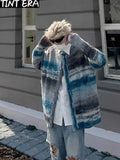 FOESCE Striped Knitted Sweater Coat Men Japanese Y2K Oversize Casual Autumn Winter Loose V-Neck Cardigan for Men Rainbow Color