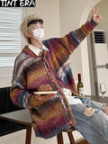 FOESCE Striped Knitted Sweater Coat Men Japanese Y2K Oversize Casual Autumn Winter Loose V-Neck Cardigan for Men Rainbow Color