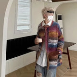 FOESCE Striped Knitted Sweater Coat Men Japanese Y2K Oversize Casual Autumn Winter Loose V-Neck Cardigan for Men Rainbow Color