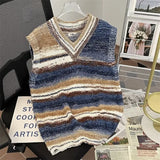 FOESCE Striped Sweater Vests Men Casual Vintage Soft Handsome Sleeveless Knitwear Autumn Winter Japanese Style Harajuku All-match Chic