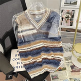 FOESCE Striped Sweater Vests Men Casual Vintage Soft Handsome Sleeveless Knitwear Autumn Winter Japanese Style Harajuku All-match Chic