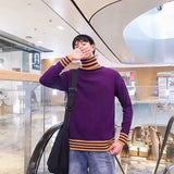 FOESCE Striped Turtleneck Sweater for Men Loose Lazy Style Fresh Knitted Sweater