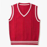 FOESCE Striped White Knitted Sweaters for Men Blue Sleeveless Man Clothes V Neck Vest Red Waistcoat Jumpers Sweat-shirt Cigaret Cotton