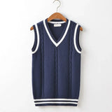 FOESCE Striped White Knitted Sweaters for Men Blue Sleeveless Man Clothes V Neck Vest Red Waistcoat Jumpers Sweat-shirt Cigaret Cotton