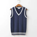 FOESCE Striped White Knitted Sweaters for Men Blue Sleeveless Man Clothes V Neck Vest Red Waistcoat Jumpers Sweat-shirt Cigaret Cotton