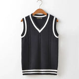 FOESCE Striped White Knitted Sweaters for Men Blue Sleeveless Man Clothes V Neck Vest Red Waistcoat Jumpers Sweat-shirt Cigaret Cotton