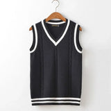 FOESCE Striped White Knitted Sweaters for Men Blue Sleeveless Man Clothes V Neck Vest Red Waistcoat Jumpers Sweat-shirt Cigaret Cotton