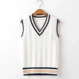 FOESCE Striped White Knitted Sweaters for Men Blue Sleeveless Man Clothes V Neck Vest Red Waistcoat Jumpers Sweat-shirt Cigaret Cotton