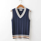 FOESCE Striped White Knitted Sweaters for Men Blue Sleeveless Man Clothes V Neck Vest Red Waistcoat Jumpers Sweat-shirt Cigaret Cotton