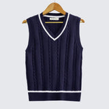 FOESCE Striped White Knitted Sweaters for Men Blue Sleeveless Man Clothes V Neck Vest Red Waistcoat Jumpers Sweat-shirt Cigaret Cotton