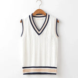 FOESCE Striped White Knitted Sweaters for Men Blue Sleeveless Man Clothes V Neck Vest Red Waistcoat Jumpers Sweat-shirt Cigaret Cotton