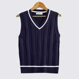 FOESCE Striped White Knitted Sweaters for Men Blue Sleeveless Man Clothes V Neck Vest Red Waistcoat Jumpers Sweat-shirt Cigaret Cotton