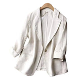 FOESCE Suit Blazer Basic Cotton Linen Three Quarter Single Button Women's Jacket Spring  Korean Fashion Casual Short Jackets Coat