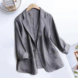 FOESCE Suit Blazer Basic Cotton Linen Three Quarter Single Button Women's Jacket Spring  Korean Fashion Casual Short Jackets Coat