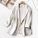 FOESCE Suit Blazer Basic Cotton Linen Three Quarter Single Button Women's Jacket Spring  Korean Fashion Casual Short Jackets Coat