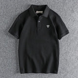 FOESCE Summer New American Retro Knitted Micro Chapter Pattern Polo Shirt Men's Simple Pure Cotton Short Sleeve Youth Casual T-shirt